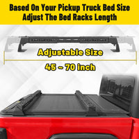 Adjustable truck bed rack for customizable fit on pickup trucks.