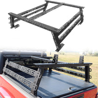 Dimensions of truck bed rack showing adjustable height, width, and cargo spacing for versatile pickup storage.