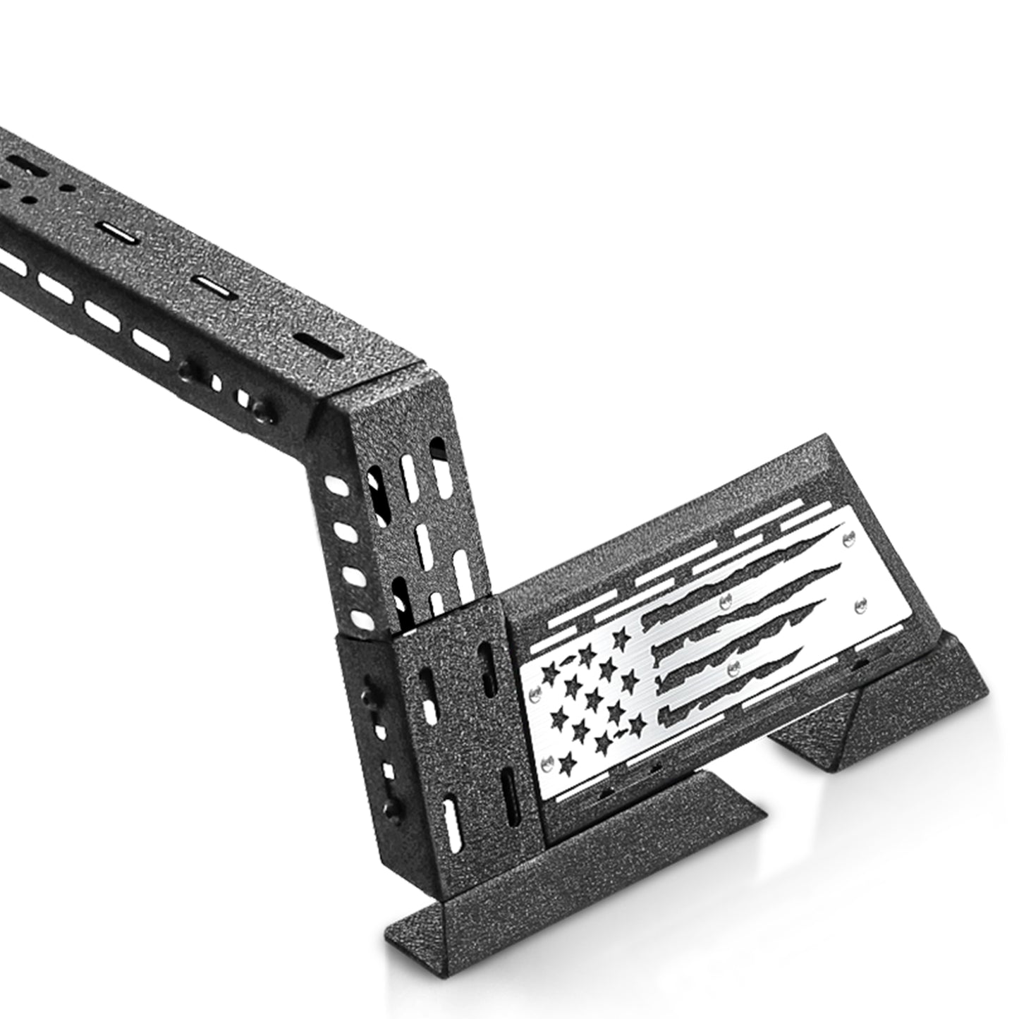 Close-up of low profile truck bed rack with DIY flag design, customizable colors.