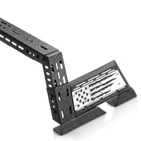 Close-up of low profile truck bed rack with DIY flag design, customizable colors.