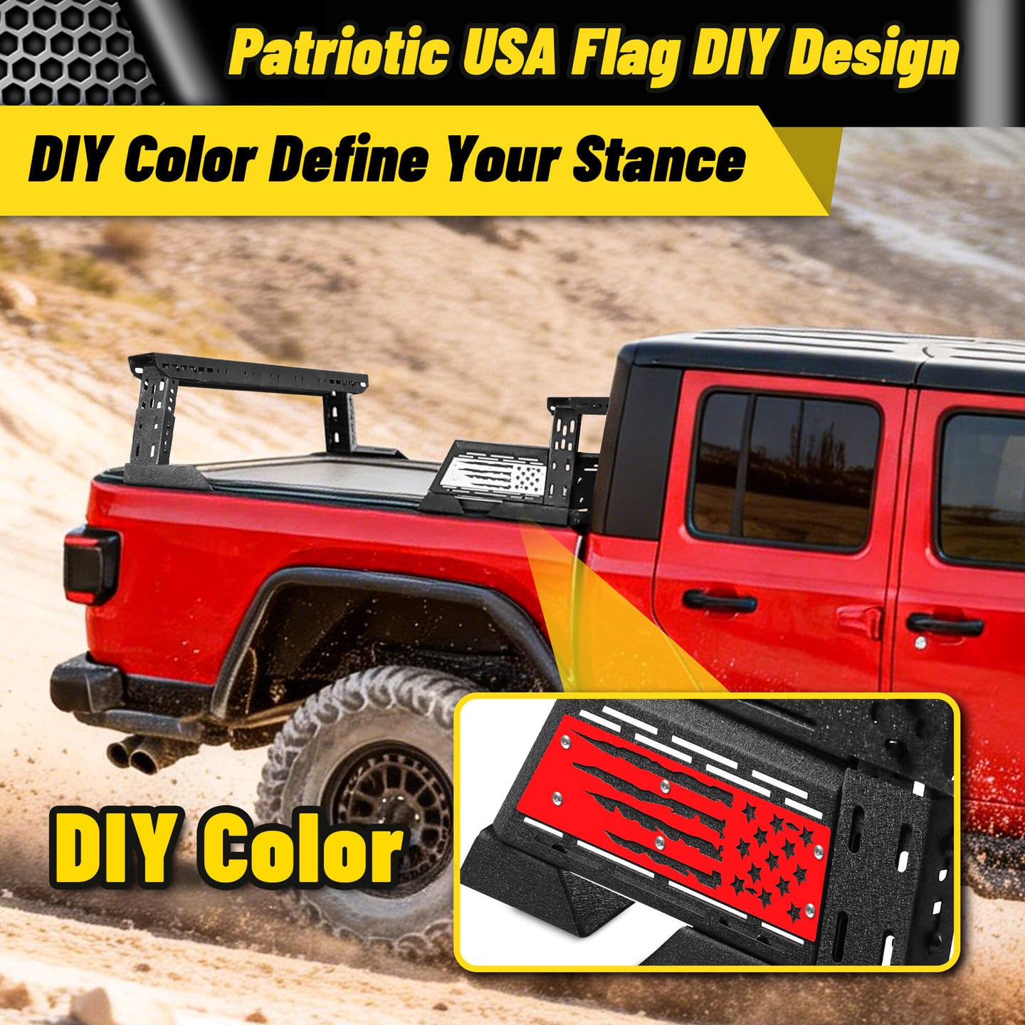 Truck bed rack with customizable flag design, DIY color options for a personalized look.