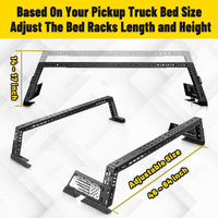 Truck bed rack with flag design, fully adjustable height and length for versatile use.