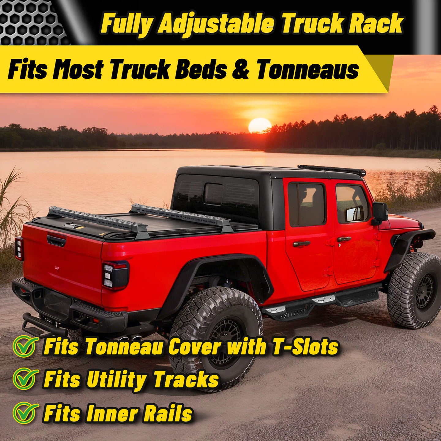 Truck bed rack adjustable for full-size pickup trucks.