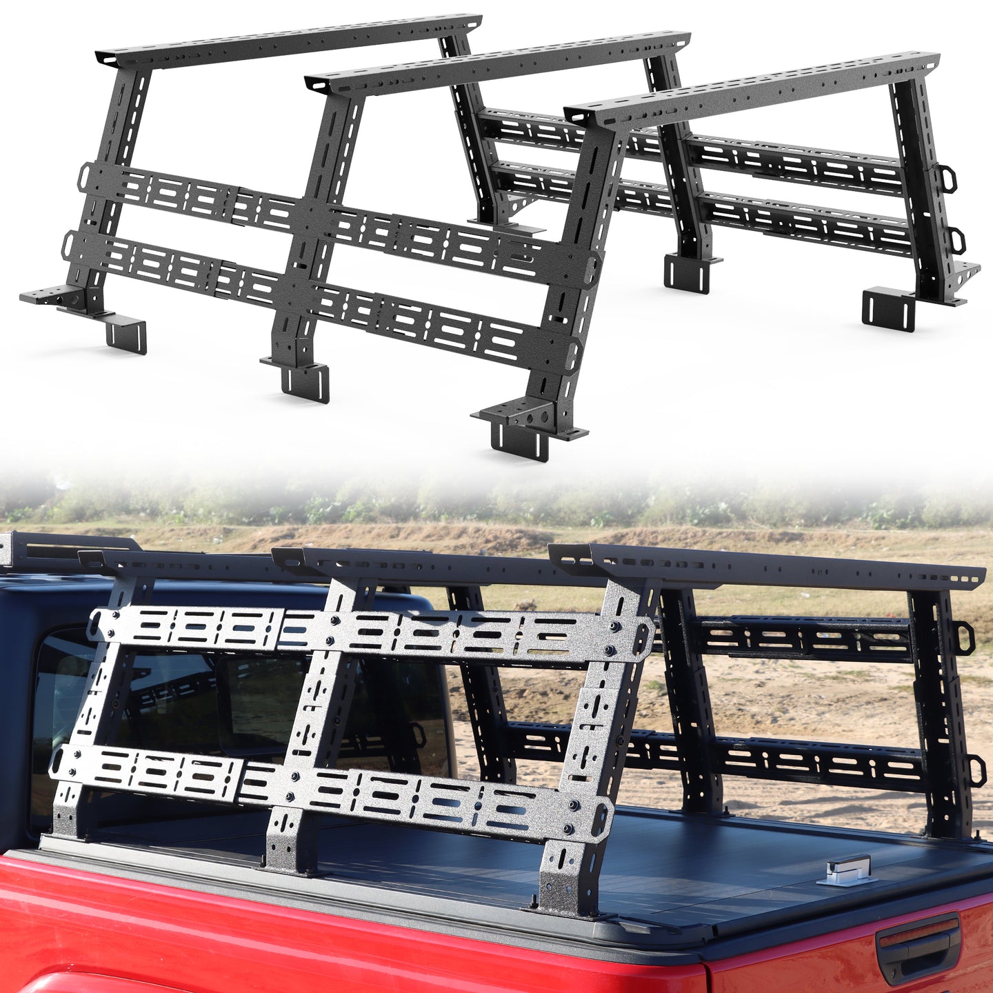 Installed truck bed rack on pickup truck showing full setup for overland gear