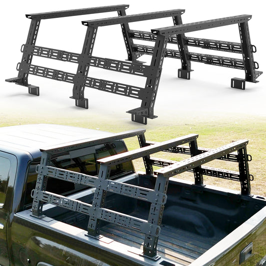 Truck bed rack installed on pickup truck ready for overland and outdoor gear transport.