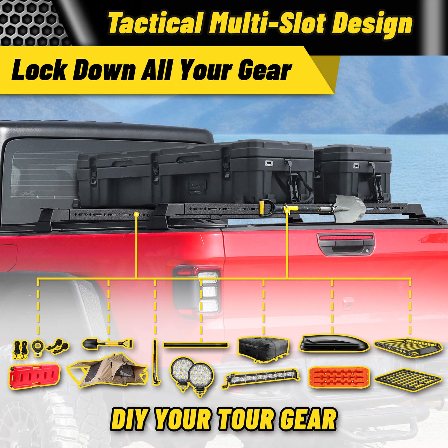 Truck bed rack with lock system for DIY camping gear setup.