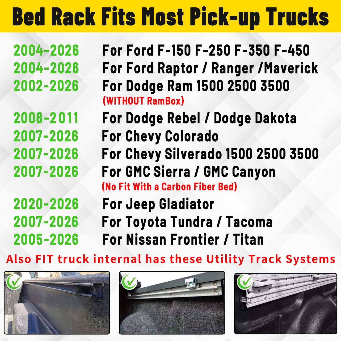 Truck bed rack compatible with multiple truck models and years.