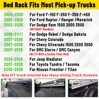 Truck bed rack compatible with multiple truck models and years.