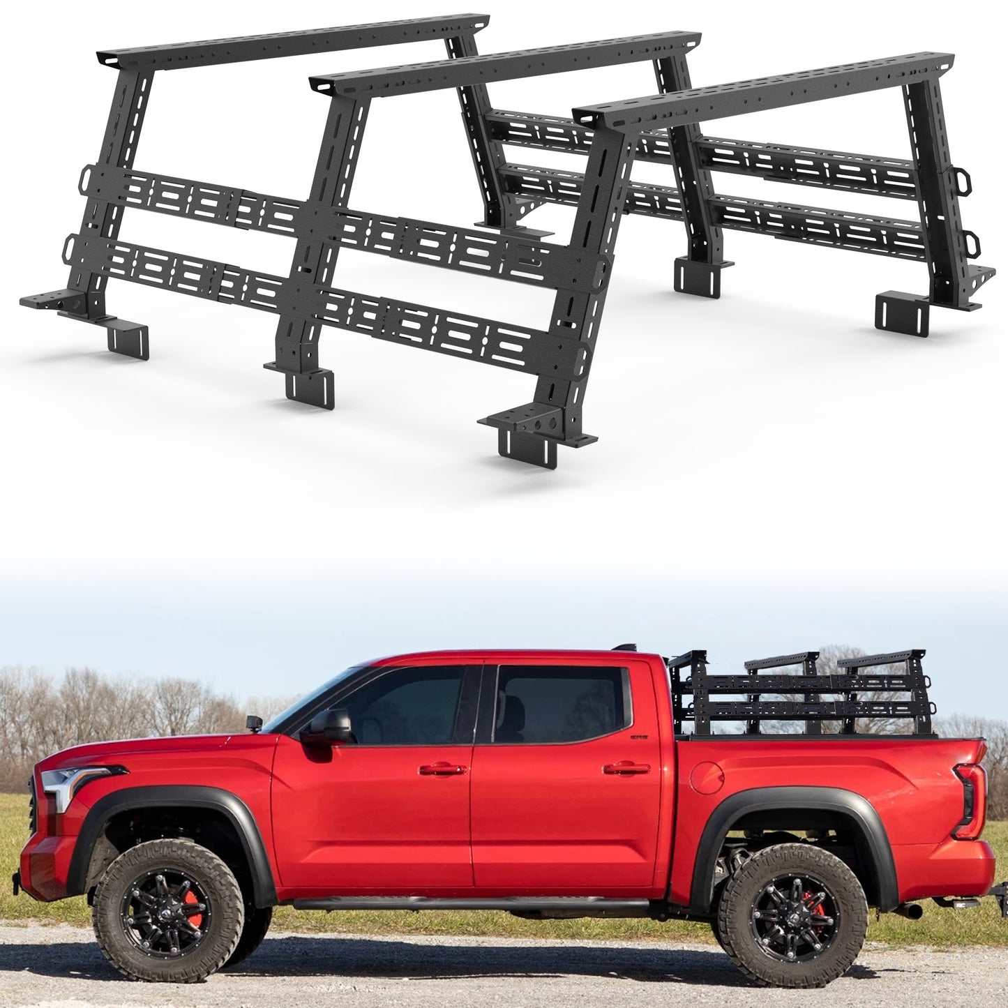 Truck bed rack mounted on pickup truck for carrying outdoor and overland gear.