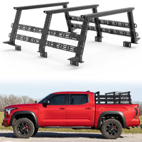 Truck bed rack mounted on pickup truck for carrying outdoor and overland gear.