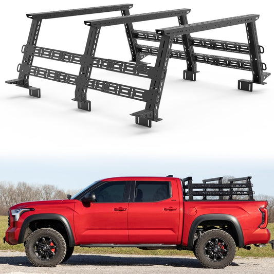 Truck bed rack mounted on pickup truck for carrying outdoor and overland gear.