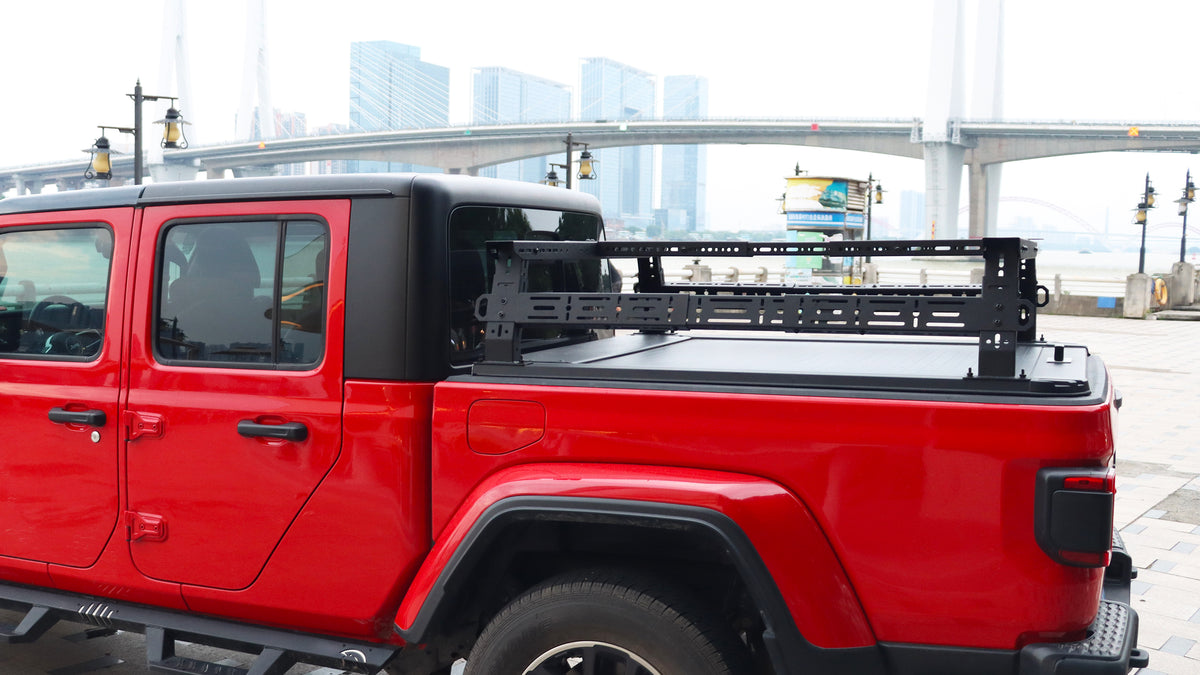Outdoor view of a truck bed rack securely installed, showing rugged setup and cargo readiness