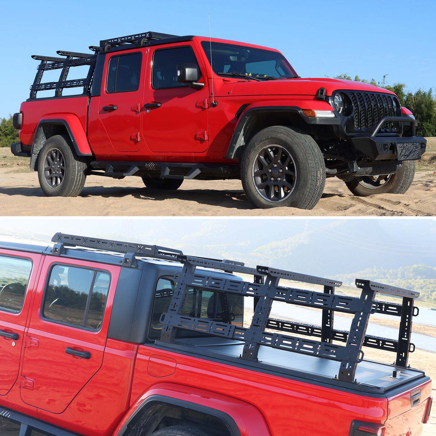 Side view of truck bed rack installed on pickup for overland gear and outdoor equipment.