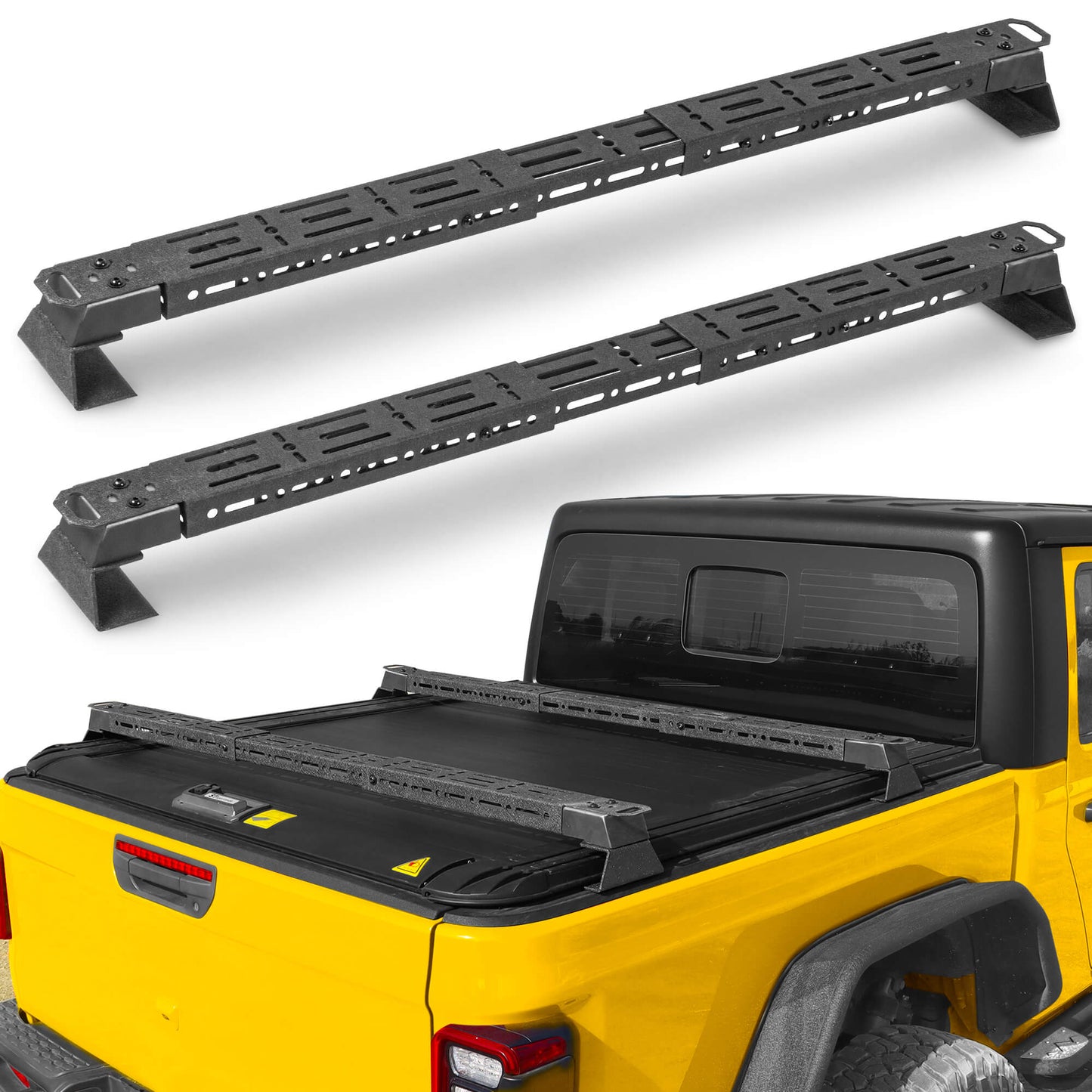 Side view of truck bed rack installed on pickup truck roof.