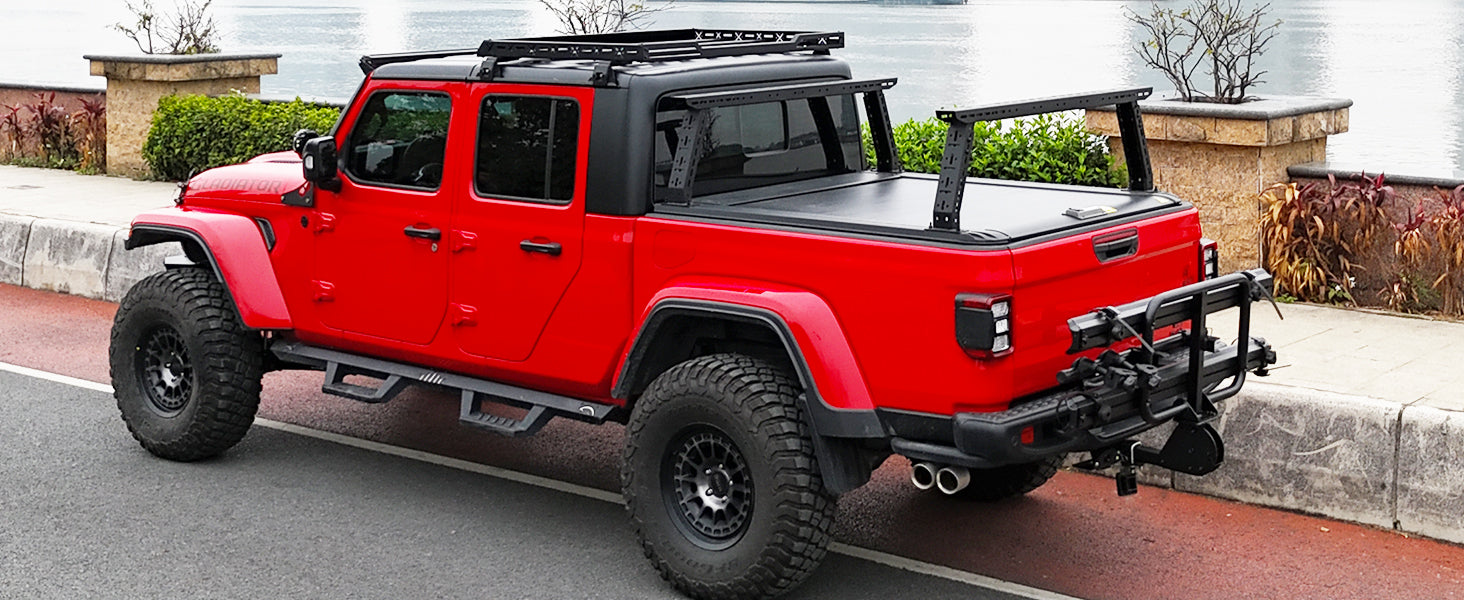 Side view of a durable truck bed rack, perfect for off-road cargo and outdoor gear