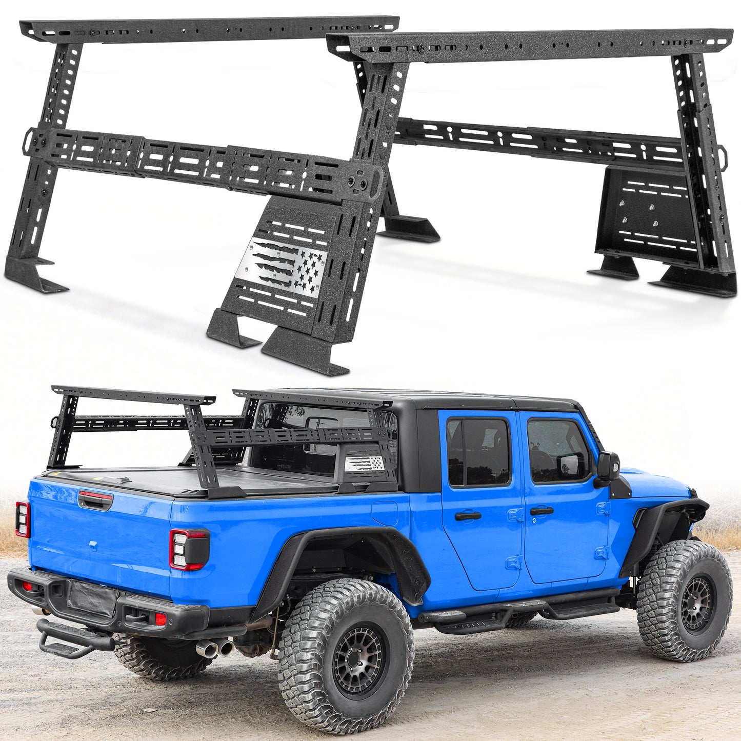 Side view of a truck bed rack with US flag, showing sturdy design and gear-ready setup.
