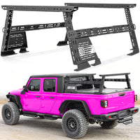 Truck bed rack with US flag, perfect for summer camping and carrying gear outdoors.