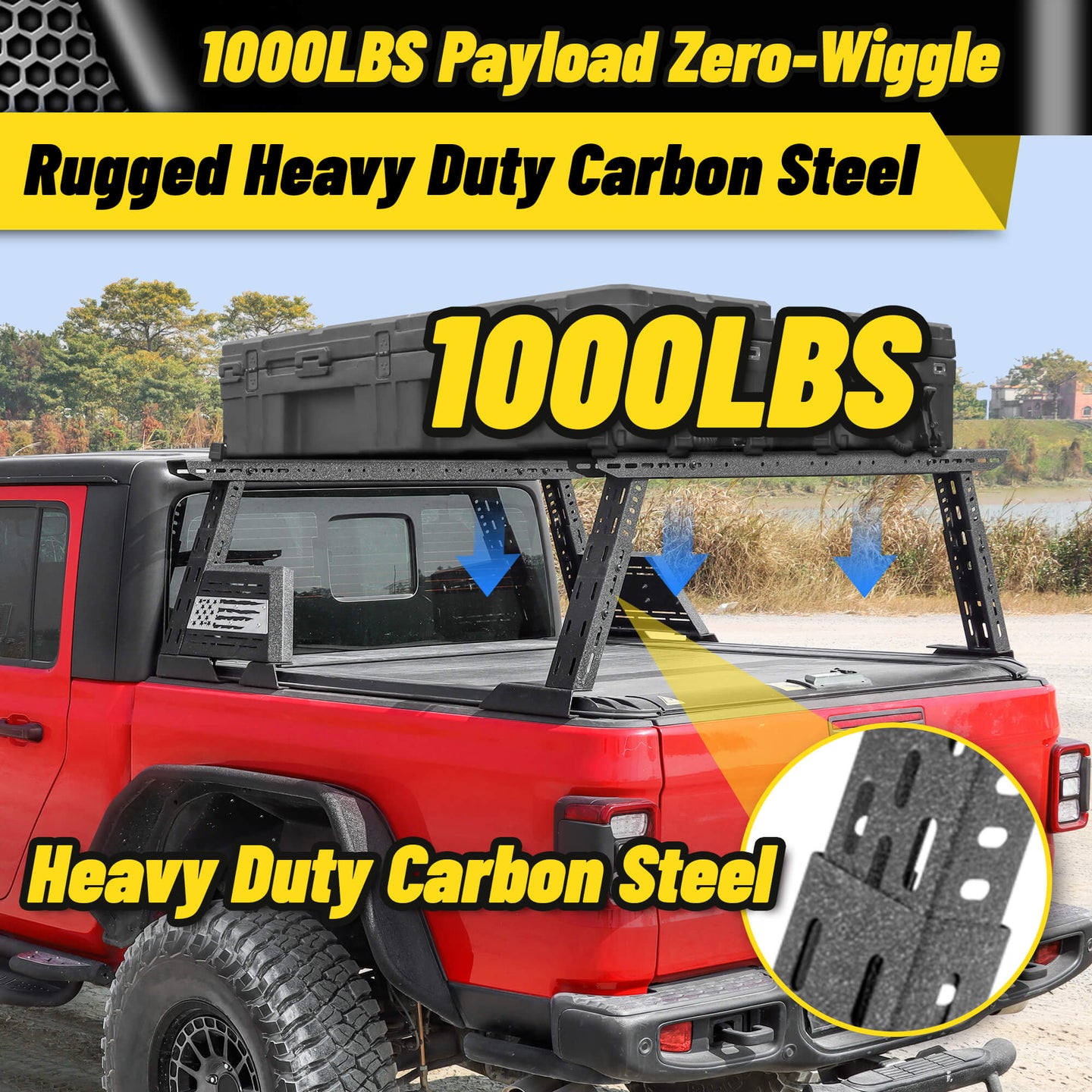 Heavy-duty truck bed rack supporting up to 1000 lbs of weight