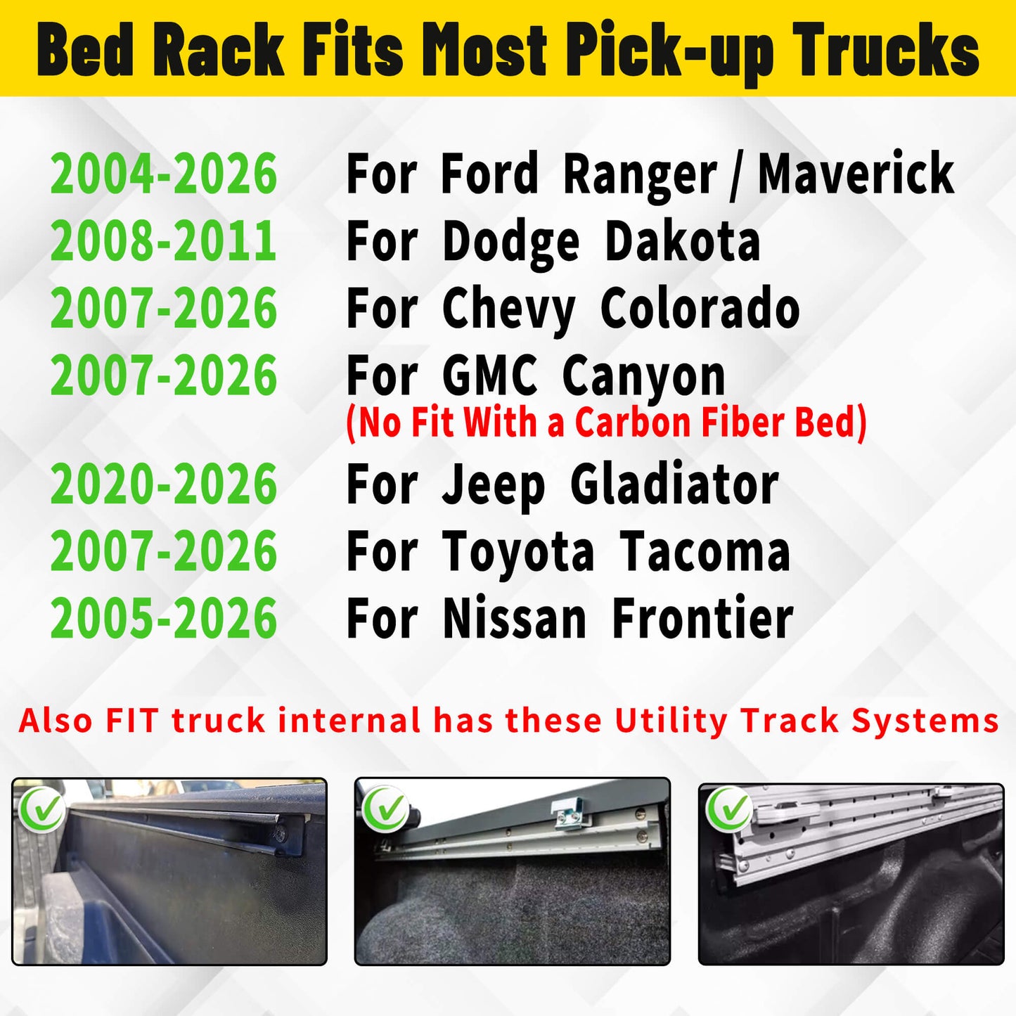 Truck bed rack fitment display showing compatibility with multiple truck models