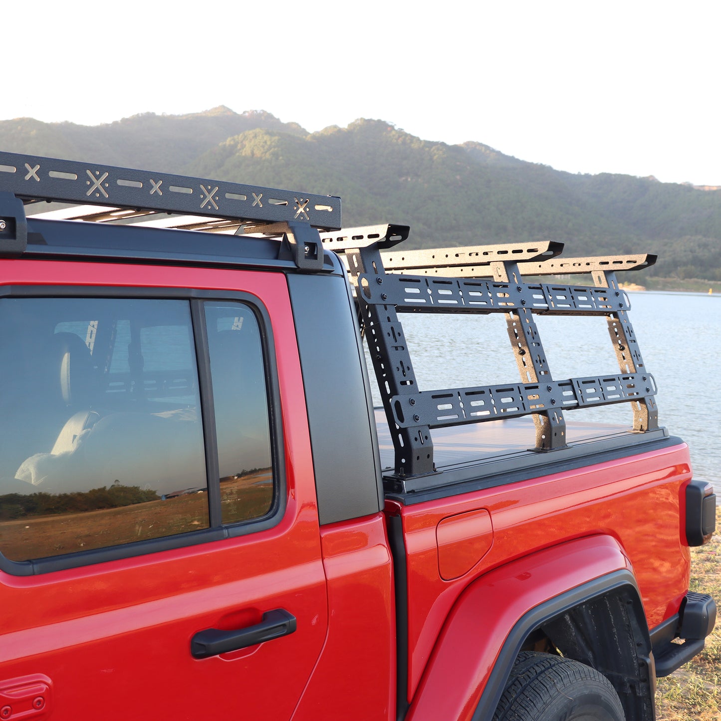 Outdoor view of pickup truck with truck bed rack fully set up