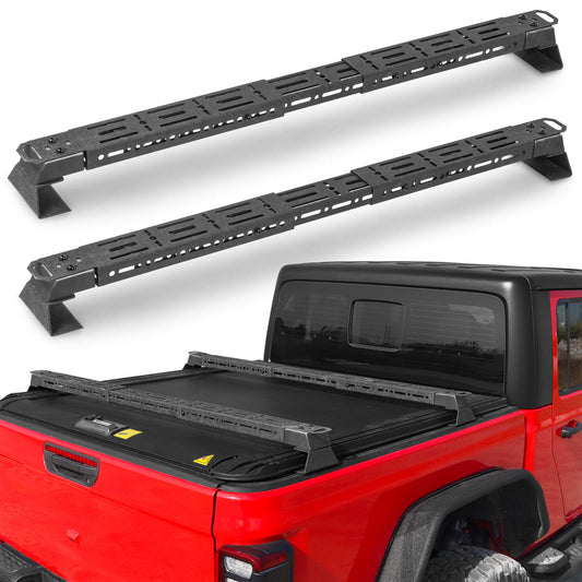 Universal truck bed rack with 2 crossbars for secure gear hauling.