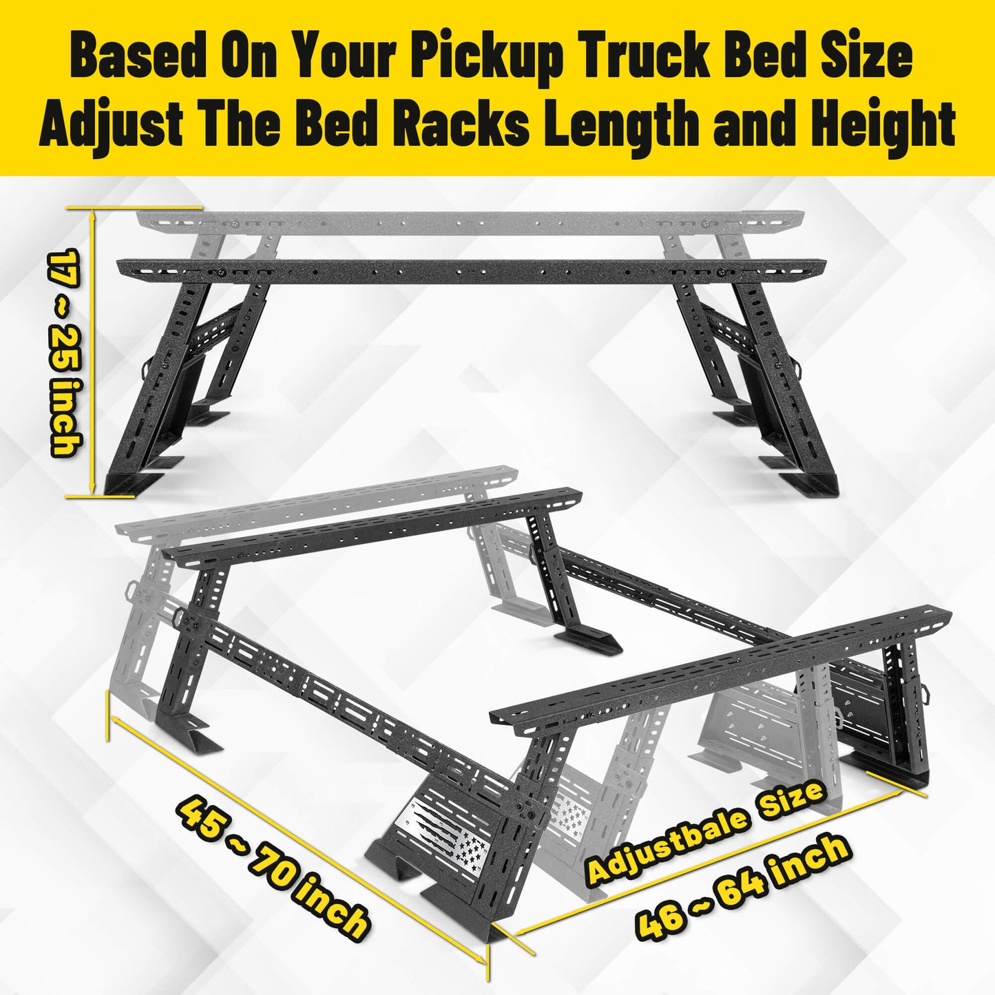 Truck bed rack with USA flag design, adjustable height and length to fit your truck model perfectly.