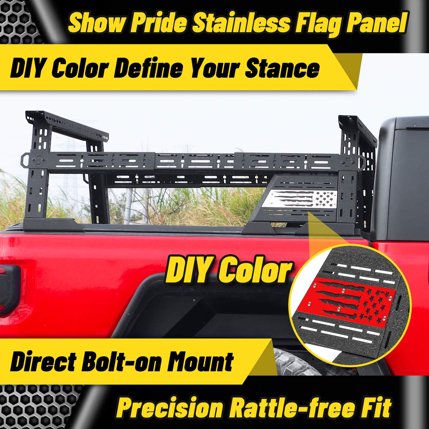 Truck bed rack with USA flag design, perfect for custom colors and DIY painting to match your style.