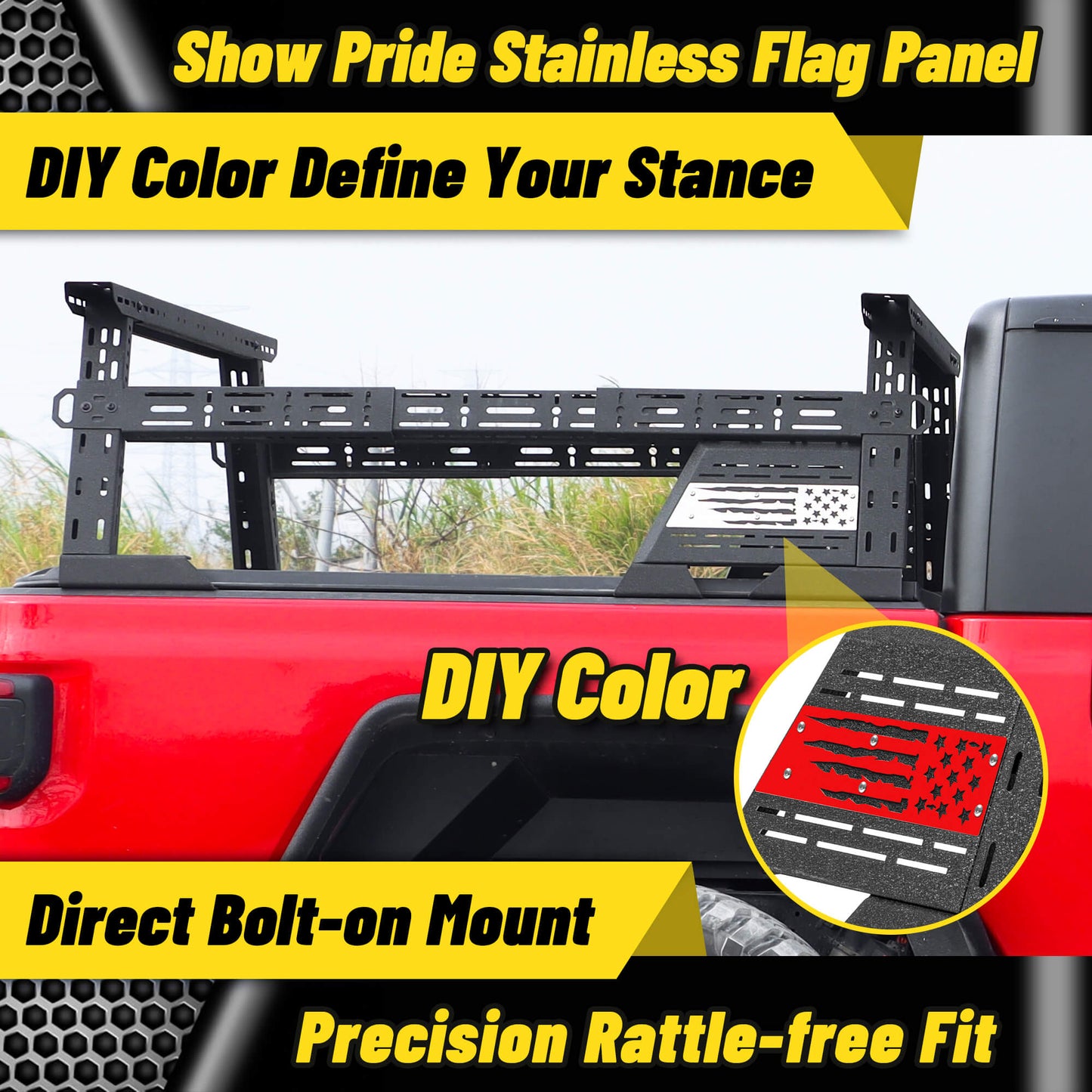 Truck bed rack with USA flag design, perfect for custom colors and DIY painting to match your style.